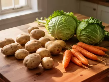 Frisches, unverarbeitetes Gemüse wie Kartoffeln und Kohl auf einem Holztisch bei natürlichem Tageslicht. - Foto: über boerse-global.de
