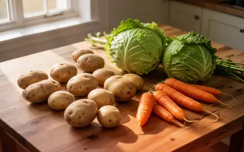 Frisches, unverarbeitetes Gemüse wie Kartoffeln und Kohl auf einem Holztisch bei natürlichem Tageslicht. - Foto: über boerse-global.de
