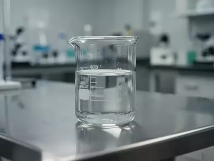 Ein verschwommener Glasbehälter mit einer klaren Flüssigkeit auf einer sterilen Edelstahloberfläche in einem Labor. - Foto: über boerse-global.de