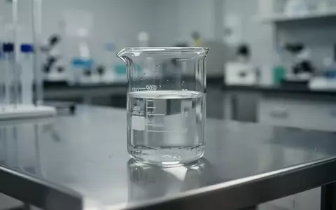Ein verschwommener Glasbehälter mit einer klaren Flüssigkeit auf einer sterilen Edelstahloberfläche in einem Labor. - Foto: über boerse-global.de