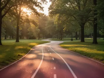 Ein leerer, geschwungener Laufweg in einem sonnendurchfluteten Park während der Abendstunden. - Foto: über boerse-global.de