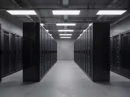 Ein moderner, minimalistischer Serverraum mit dunklen Metall-Serverracks in einer Industriehalle. - Foto: über boerse-global.de