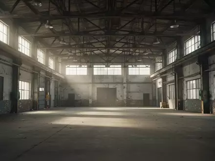Leere Lagerhalle mit Stahlträgern und Betonboden als Kulisse für eine Feuerwehrübung - Foto: über boerse-global.de