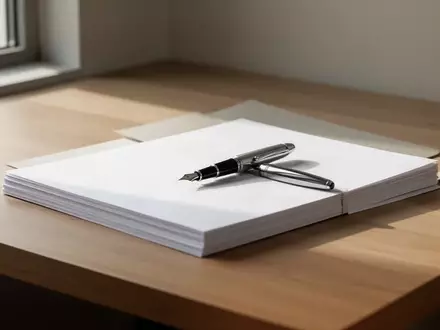 Ein minimalistischer Arbeitsplatz mit einem Füllfederhalter auf einem Stapel leerer Papiere bei natürlichem Tageslicht. - Foto: über boerse-global.de
