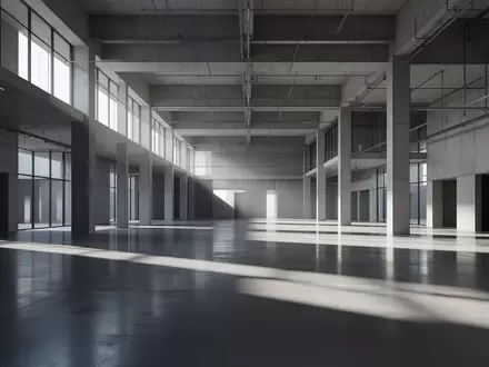 Minimalistische, moderne Architektur mit klaren geometrischen Schatten auf einem Betonboden in einer großen Halle. - Foto: über boerse-global.de