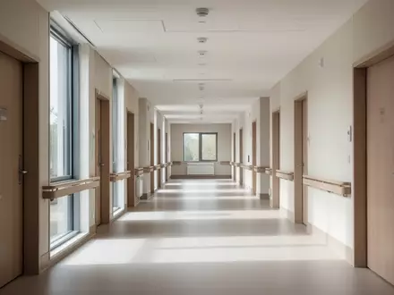 Ein minimalistisch gestalteter, leerer Flur in einer modernen Pflegeeinrichtung mit hellem Tageslicht. - Foto: über boerse-global.de