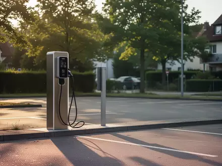 Eine moderne Ladestation für Elektrofahrzeuge auf einem ruhigen, sonnigen Parkplatz in einer Wohngegend. - Foto: über boerse-global.de