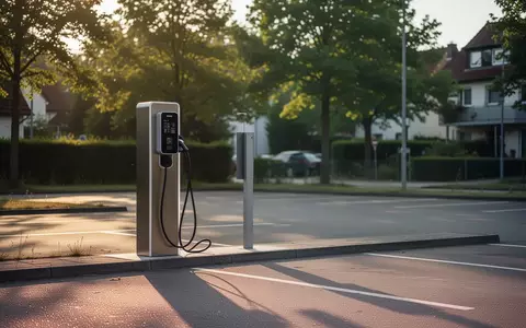 Eine moderne Ladestation für Elektrofahrzeuge auf einem ruhigen, sonnigen Parkplatz in einer Wohngegend. - Foto: über boerse-global.de
