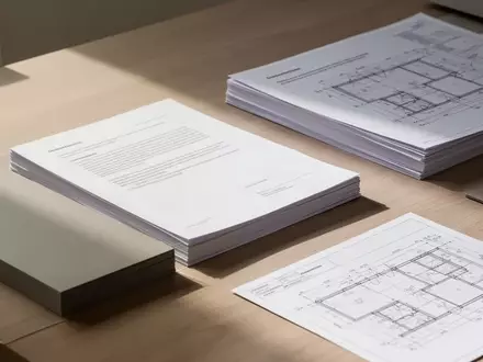Ein minimalistischer, sauberer Arbeitsplatz mit gestapelten Dokumenten und Plänen in natürlichem Licht. - Foto: über boerse-global.de