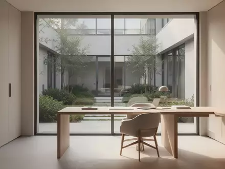 Ein minimalistisch gestalteter, heller Arbeitsraum mit einem Holztisch vor einem Fenster mit Blick in einen begrünten Innenhof. - Foto: über boerse-global.de