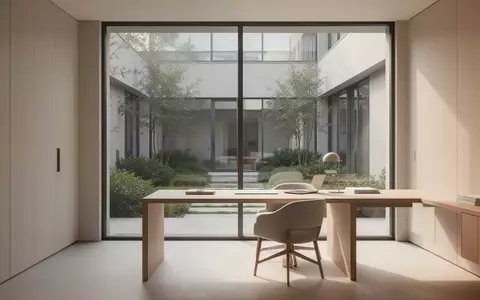 Ein minimalistisch gestalteter, heller Arbeitsraum mit einem Holztisch vor einem Fenster mit Blick in einen begrünten Innenhof. - Foto: über boerse-global.de