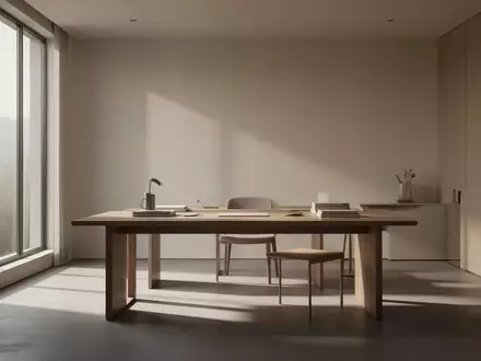 Ein minimalistisch gestalteter, lichtdurchfluteter Raum mit einem leeren Holztisch, der Ordnung und Struktur symbolisiert. - Foto: über boerse-global.de