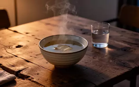 Eine dampfende Schale mit Suppe auf einem Holztisch bei Dämmerlicht. - Foto: über boerse-global.de