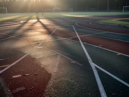 Leere Leichtathletikbahn in den frühen Morgenstunden mit sanftem Licht und langen Schatten auf dem Boden. - Foto: über boerse-global.de