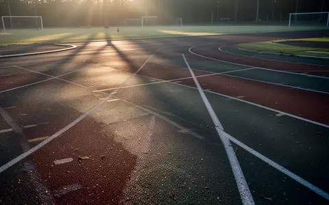 Leere Leichtathletikbahn in den frühen Morgenstunden mit sanftem Licht und langen Schatten auf dem Boden. - Foto: über boerse-global.de