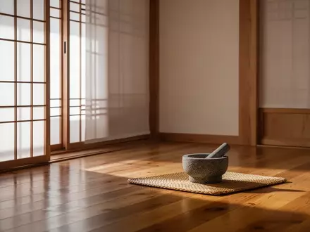 Ein minimalistischer, traditioneller koreanischer Raum mit natürlichem Licht, Holzfußböden und einem Mörser auf einer Matte. - Foto: über boerse-global.de