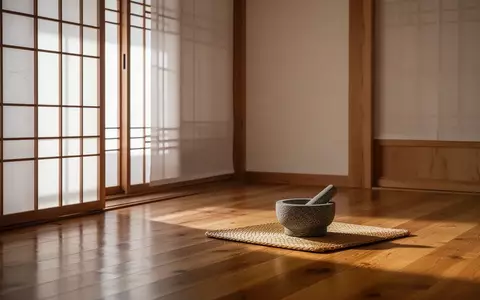 Ein minimalistischer, traditioneller koreanischer Raum mit natürlichem Licht, Holzfußböden und einem Mörser auf einer Matte. - Foto: über boerse-global.de