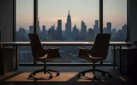 Ein leerer, ruhiger Arbeitsplatz in der Dämmerung mit Blick auf die Stadt, der eine Atmosphäre von Rückzug und Erholung vermittelt. - Foto: über boerse-global.de