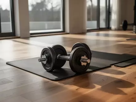 Zwei schwere Hanteln auf einer Sportmatte in einem sonnendurchfluteten, minimalistischen Trainingsraum. - Foto: über boerse-global.de