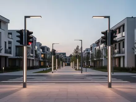 Ein moderner Fußgängerüberweg in einem Wohngebiet mit minimalistischen Ampelmasten bei Dämmerung. - Foto: über boerse-global.de