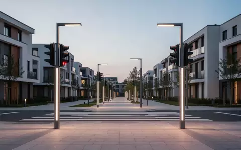 Ein moderner Fußgängerüberweg in einem Wohngebiet mit minimalistischen Ampelmasten bei Dämmerung. - Foto: über boerse-global.de