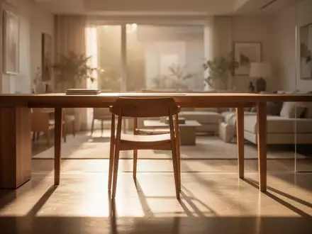 Ein minimalistischer Arbeitsplatz in einem hellen, ruhigen Wohnzimmer mit einem leeren Stuhl bei Sonnenlicht. - Foto: über boerse-global.de