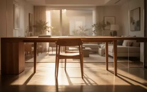 Ein minimalistischer Arbeitsplatz in einem hellen, ruhigen Wohnzimmer mit einem leeren Stuhl bei Sonnenlicht. - Foto: über boerse-global.de