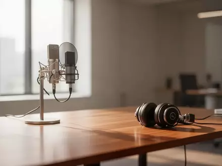 Ein minimalistischer Arbeitsplatz mit einem professionellen Mikrofon und Kopfhörern in einer hellen, ruhigen Umgebung. - Foto: über boerse-global.de