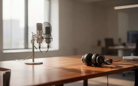 Ein minimalistischer Arbeitsplatz mit einem professionellen Mikrofon und Kopfhörern in einer hellen, ruhigen Umgebung. - Foto: über boerse-global.de