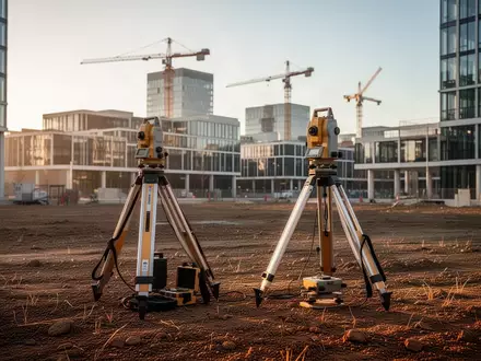 Ein leeres Baugrundstück mit Vermessungsgeräten vor einer urbanen Kulisse bei Sonnenuntergang. - Foto: über boerse-global.de