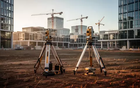 Ein leeres Baugrundstück mit Vermessungsgeräten vor einer urbanen Kulisse bei Sonnenuntergang. - Foto: über boerse-global.de