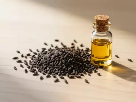 Schwarzkümmelsamen und ein Fläschchen mit ätherischem Öl auf einer Holzoberfläche. - Foto: über boerse-global.de