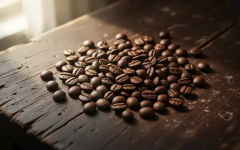 Nahaufnahme von gerösteten Kaffeebohnen auf einem rustikalen Holztisch bei natürlichem Lichteinfall. - Foto: über boerse-global.de
