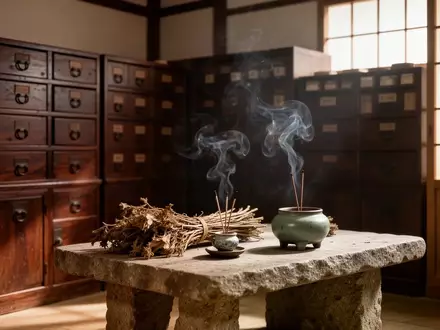 Traditionelles chinesisches Apothekeninterieur mit hölzernen Schubladenschränken und Kräuterbündeln in weichem Licht. - Foto: über boerse-global.de
