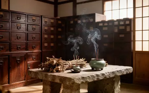 Traditionelles chinesisches Apothekeninterieur mit hölzernen Schubladenschränken und Kräuterbündeln in weichem Licht. - Foto: über boerse-global.de