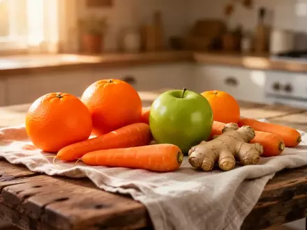 Frische Zutaten wie Orangen, Karotten, ein grüner Apfel und Ingwer auf einem Holztisch im herbstlichen Licht. - Foto: über boerse-global.de