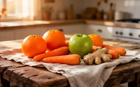 Frische Zutaten wie Orangen, Karotten, ein grüner Apfel und Ingwer auf einem Holztisch im herbstlichen Licht. - Foto: über boerse-global.de