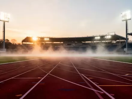 Eine leere, professionelle Leichtathletikbahn in der Morgendämmerung mit aufsteigendem Nebel. - Foto: über boerse-global.de