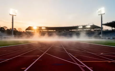 Eine leere, professionelle Leichtathletikbahn in der Morgendämmerung mit aufsteigendem Nebel. - Foto: über boerse-global.de