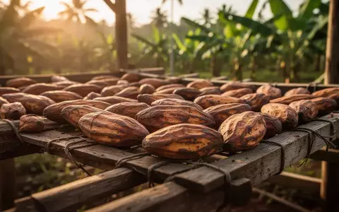 Nahaufnahme von sonnengetrockneten Kakaobohnen auf einem Holzgestell vor einer verschwommenen Plantage. - Foto: über boerse-global.de