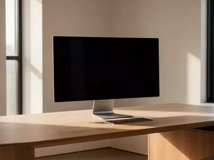 Ein minimalistischer, moderner Arbeitsplatz mit einem leeren Schreibtisch und einem ausgeschalteten Monitor vor einem Fenster. - Foto: über boerse-global.de
