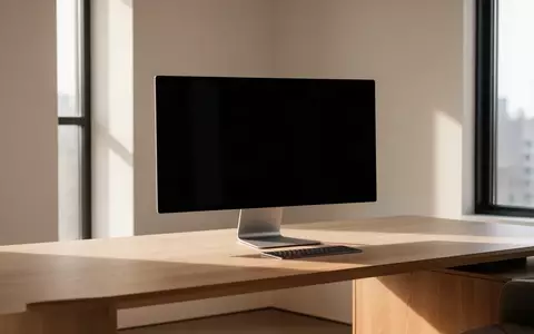 Ein minimalistischer, moderner Arbeitsplatz mit einem leeren Schreibtisch und einem ausgeschalteten Monitor vor einem Fenster. - Foto: über boerse-global.de