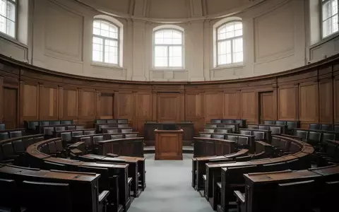 Leerer Plenarsaal mit hölzernen Sitzreihen in einem historischen Parlamentsgebäude bei natürlichem Tageslicht. - Foto: über boerse-global.de