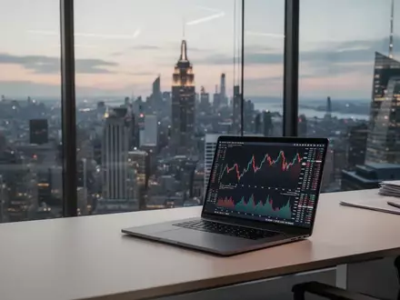 Ein moderner, minimalistischer Büroarbeitsplatz mit einem Laptop, auf dem abstrakte Finanzdiagramme zu sehen sind. - Foto: über boerse-global.de