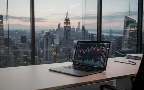 Ein moderner, minimalistischer Büroarbeitsplatz mit einem Laptop, auf dem abstrakte Finanzdiagramme zu sehen sind. - Foto: über boerse-global.de