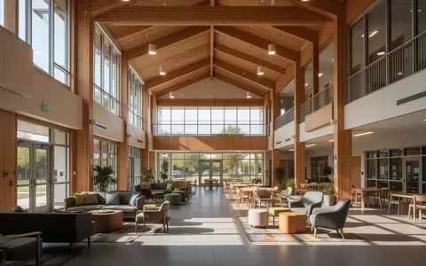 Heller, moderner Innenraum eines Bürgerhauses mit Sitzgelegenheiten und offener Architektur für soziale Begegnungen. - Foto: über boerse-global.de