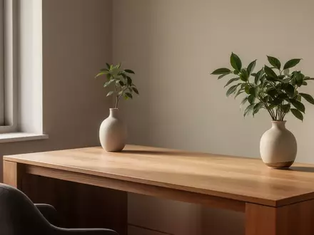 Ein minimalistischer und aufgeräumter Arbeitsplatz mit einem leeren Schreibtisch, einer Pflanze und natürlichem Licht. - Foto: über boerse-global.de
