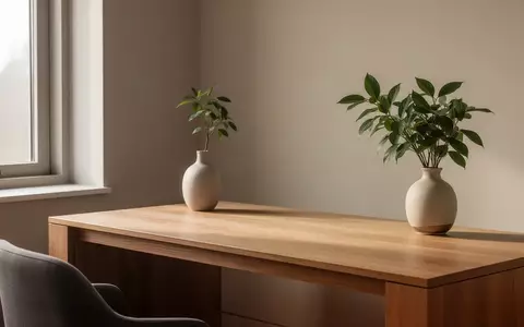 Ein minimalistischer und aufgeräumter Arbeitsplatz mit einem leeren Schreibtisch, einer Pflanze und natürlichem Licht. - Foto: über boerse-global.de