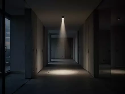 Ein schmaler Lichtstrahl fĂ€llt in einen dunklen, menschenleeren Flur einer modernen Wohnung. - Foto: ĂŒber boerse-global.de