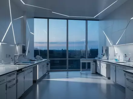 Ein minimalistisches, modernes medizinisches Labor in kühlem Licht mit Fokus auf Architektur und sauberen Oberflächen. - Foto: über boerse-global.de